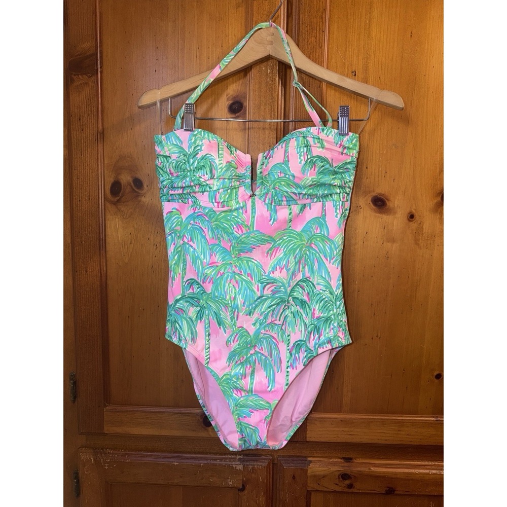 Lilly Pulitzer Dru Palm Tree Pink Green One Piece Swimsuit Halter Women's 10